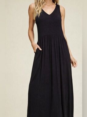 Garnet Hill Organic Black V-Neck Sleeveless Maxi Dress w/ Pockets | Med | UEC